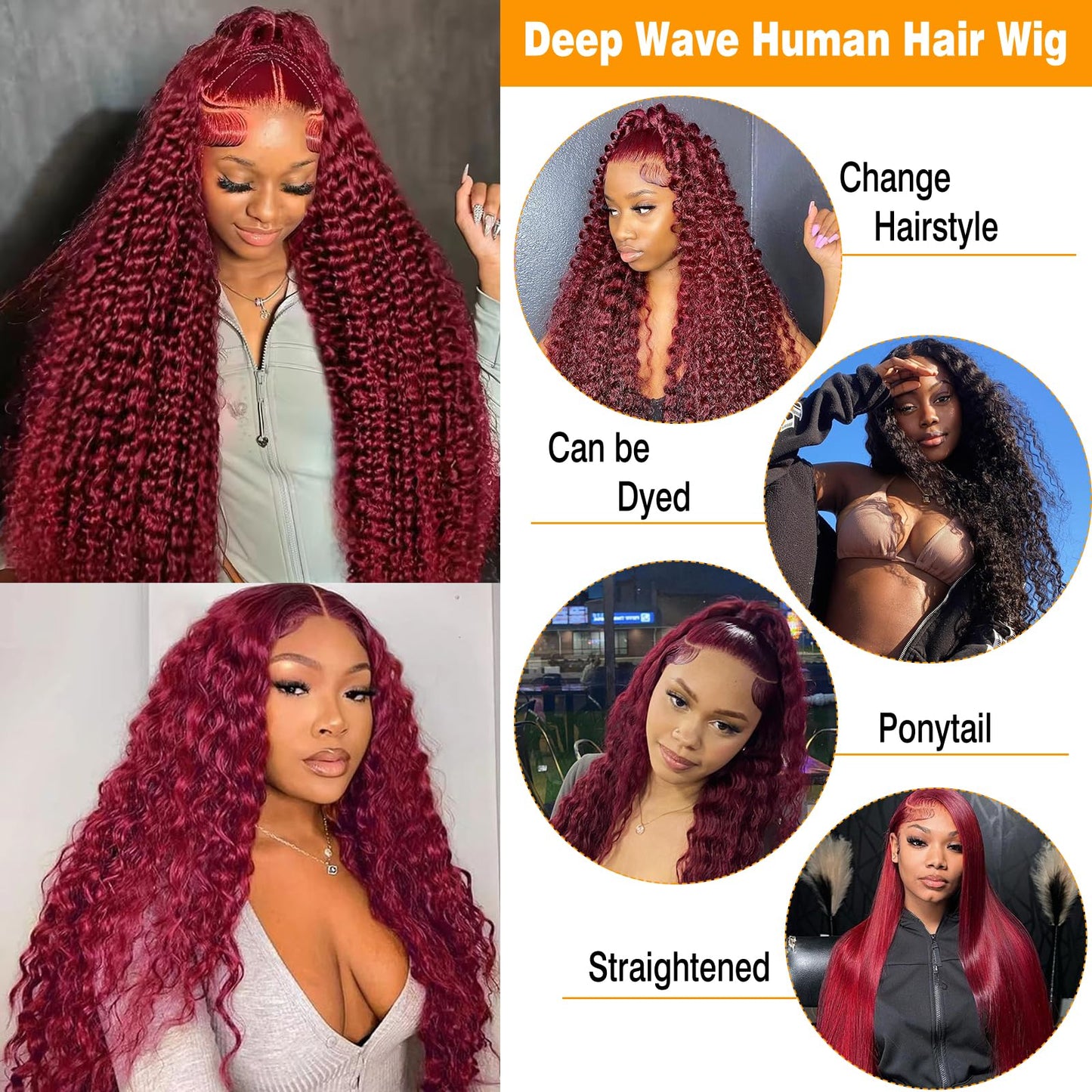 GARAXIS 32 Inch 250% Density 99J Burgundy 13X6 Deep Wave Lace Front Wigs Human Hair Wet and Wavy HD Lace Front Wig Pre Plucked 100% Real Human Hair No Tangle No Shedding Triple Lifespan 3X