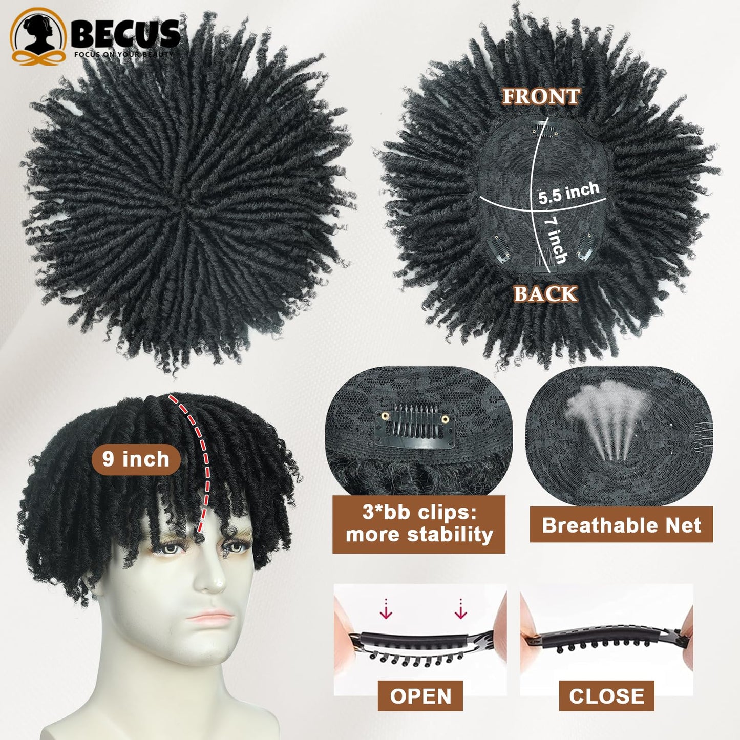 BECUS Topper Dreadlock Hairpiece for Black Men, Short Afro Fake Dreads Braids Clip In Toupee with Clips, Hairpieces for Thinning Hair, Daily Wear Halloween Cosplay Costume Party(Black-Toupee)