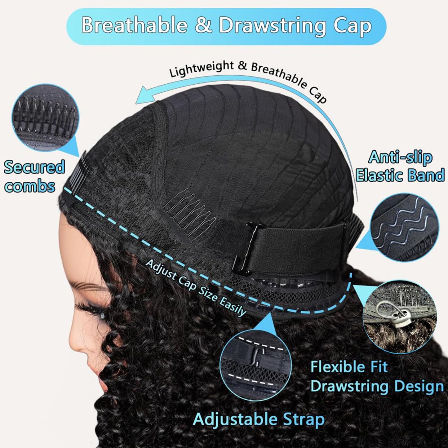 Celiarita Curly Half Wig Human Hair Wear Go Glueless Deep Wave Headband Wigs Human Hair Seamless Flip Over Drawstring Clip in Half Wig for Black Women 200% Density Natural Color 28 Inch