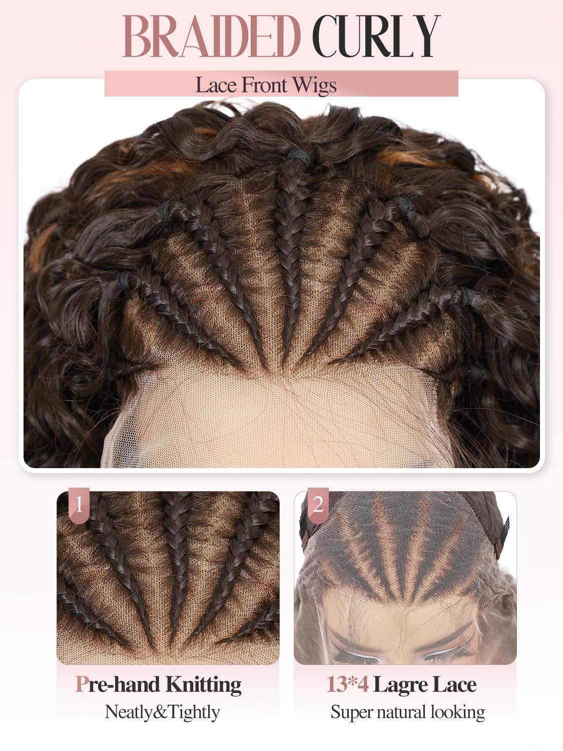Quantum Love Braided Wigs for Black Women Braids Cornrows Lace Curly Wigs 16 Inch Fully Lace Frontal Braided Curly Bob Mix Brown Synthetic Glueless Wigs