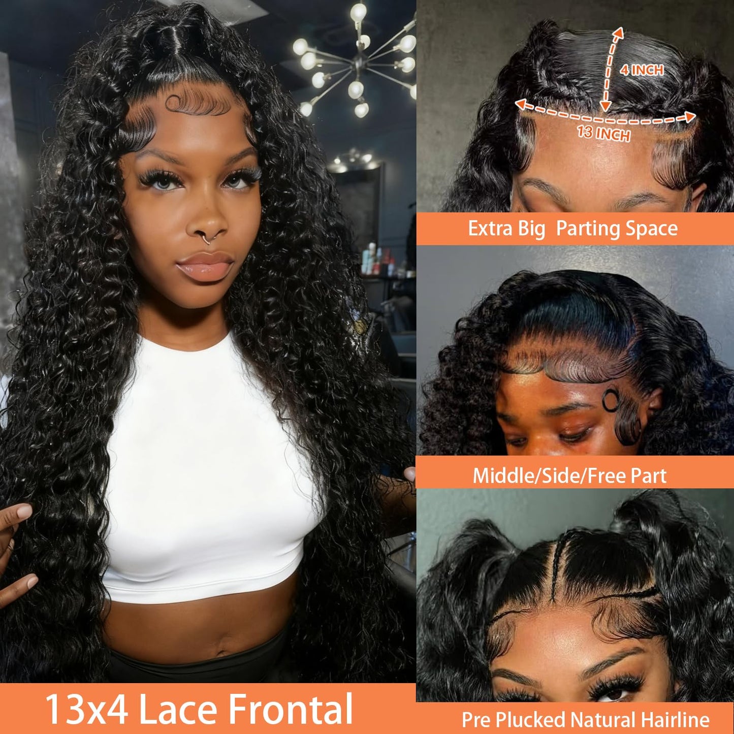 13x4 Lace Frontal Closure Deep Wave Frontal Ear to Ear HD Lace Frontal 16 Inch Brazilian Virgin Human Hair Frontals Closure Pre Plucked with Baby Hair 150% Density Natural Black