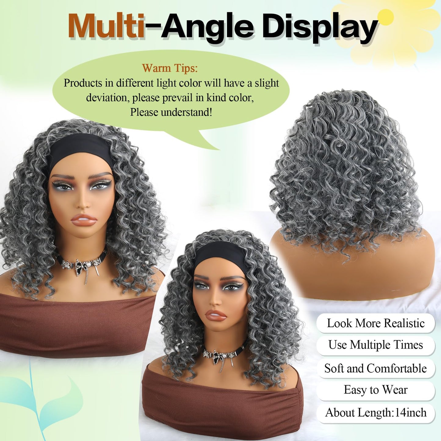 Aisaide Kinky Curly Headband Wig 12 Inch Grey Deep Curly Headband Wigs for Women Short Glueless No Lace Deep Curly Half Hair Wig Dark Silver Grey