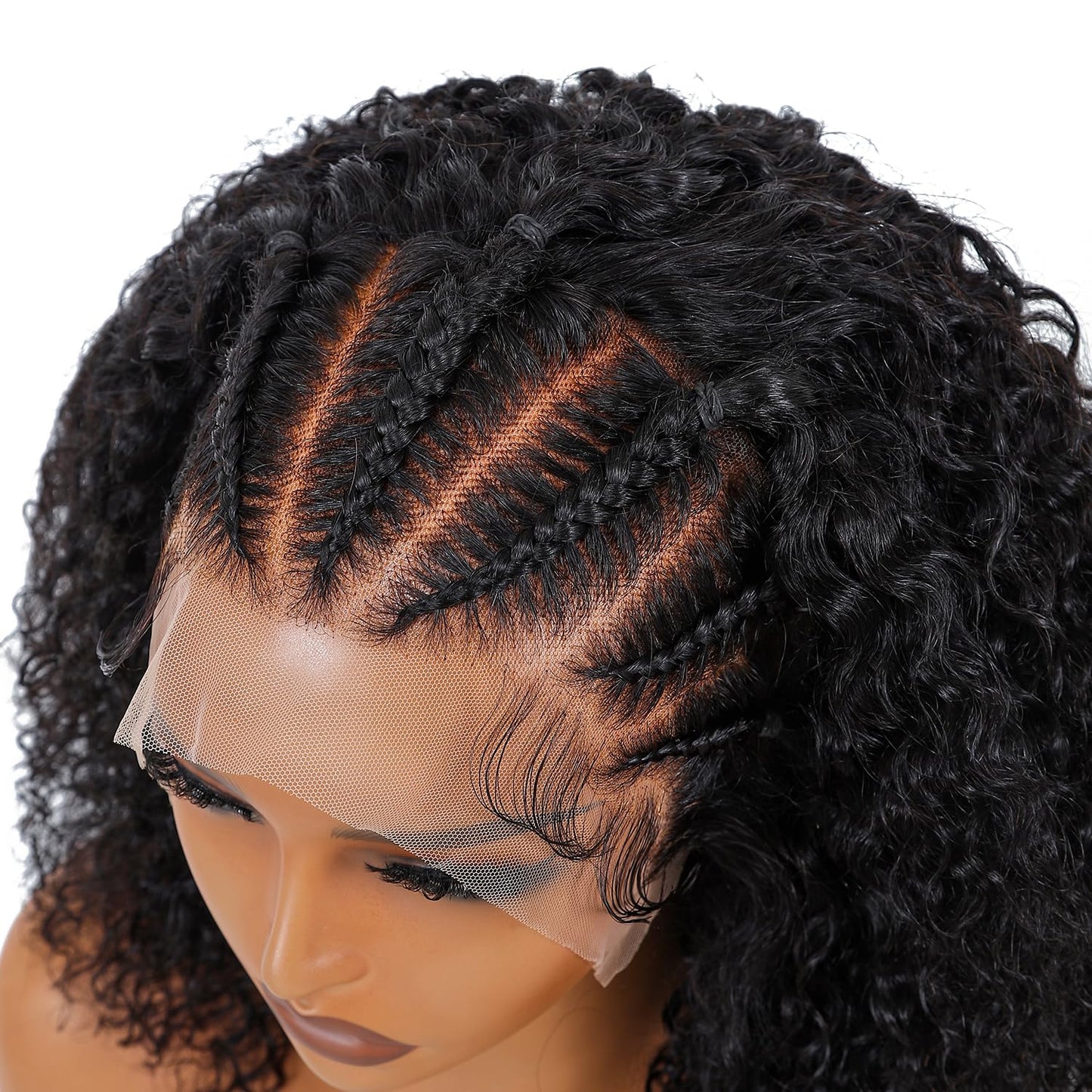 SUPERNOVA Curly Human Hair Wig 13x4 Lace Front Wigs Human Hair Half-Cornrows Half-Deep Curly Wig Pre Plucked Pre Styled Braid Wigs For Black Women 200 Density 16 Inch