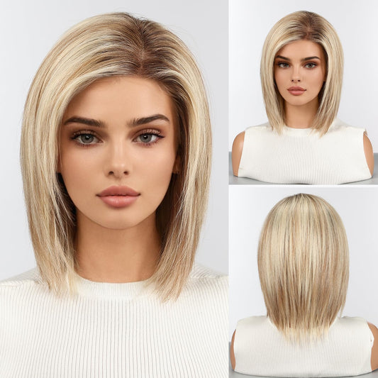 starluck Human Hair Wig Lace Front Wigs Real Human Hair Wigs For Women Wig Side Part 6"*5"*2" HD Lace Ombre Light Blonde Mixed Light Brown 12 Inch Realistic and Natural for Daily Party Use