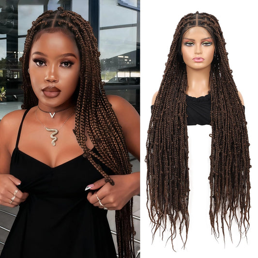 Olymei Full Double Lace Knotless Braided Wigs for Black Women Ombre Brown Box Braid Wig Lace Front Braided Wigs with Baby Hair Premium Synthetic Butterfly Box Braided Wig,36" Full Double Lace