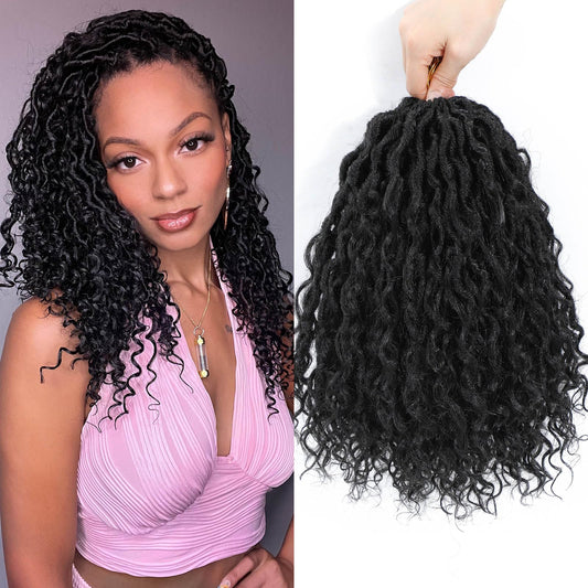 Col Bling 10 Inch 8 Packs Goddess Locs Crochet Hair Faux Locs Crochet Hair for Women Pre Looped River Locs Crochet with Curly Ends Synthetic (10 Inch 8 Packs, #1B)