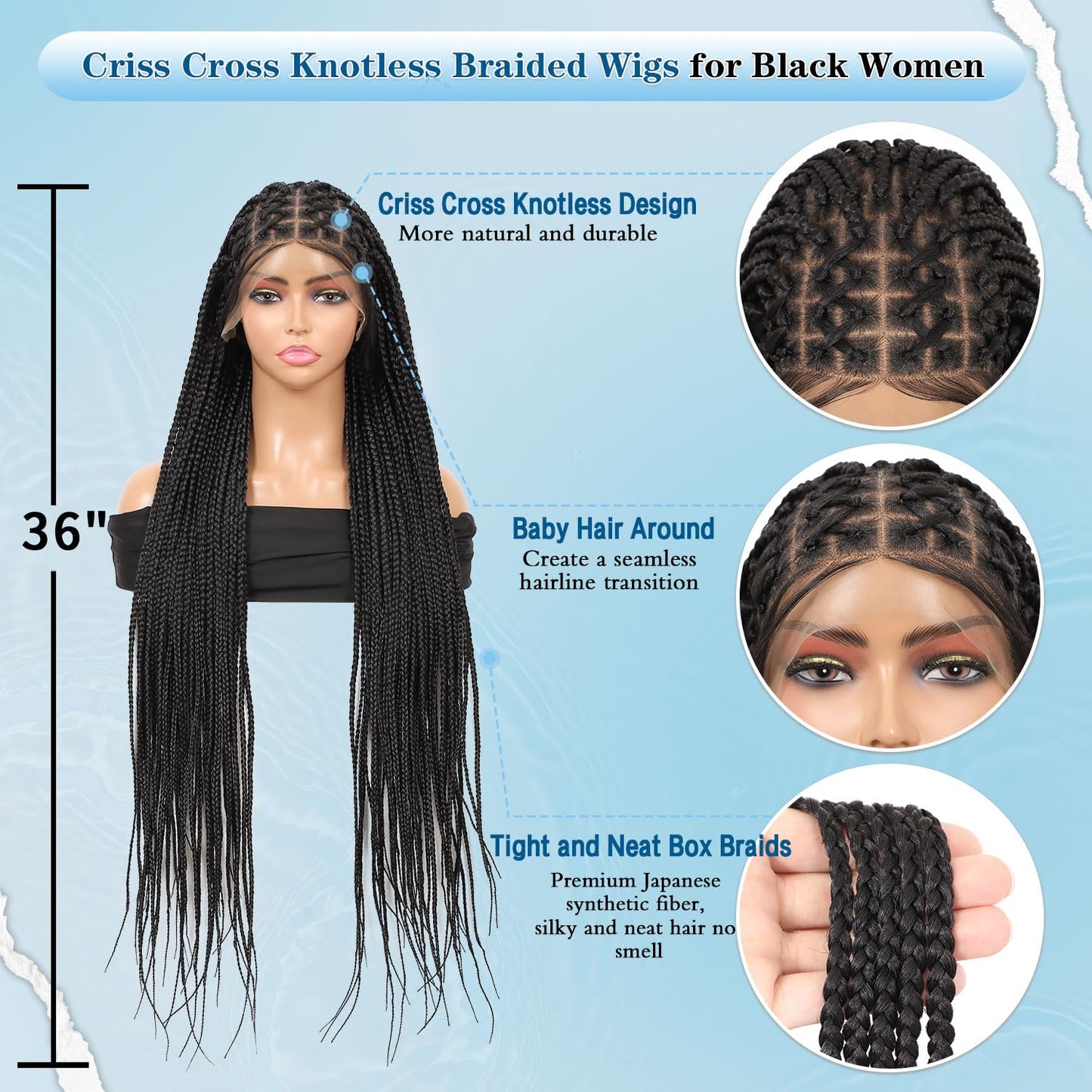 Olymei Full Lace Criss Cross Knotless Braided Wigs for Women Knotless Box Braid Wig Braided Lace Front Wigs with Baby Hair Premium Synthetic Natural Black Cornrow Braided Wigs 36"