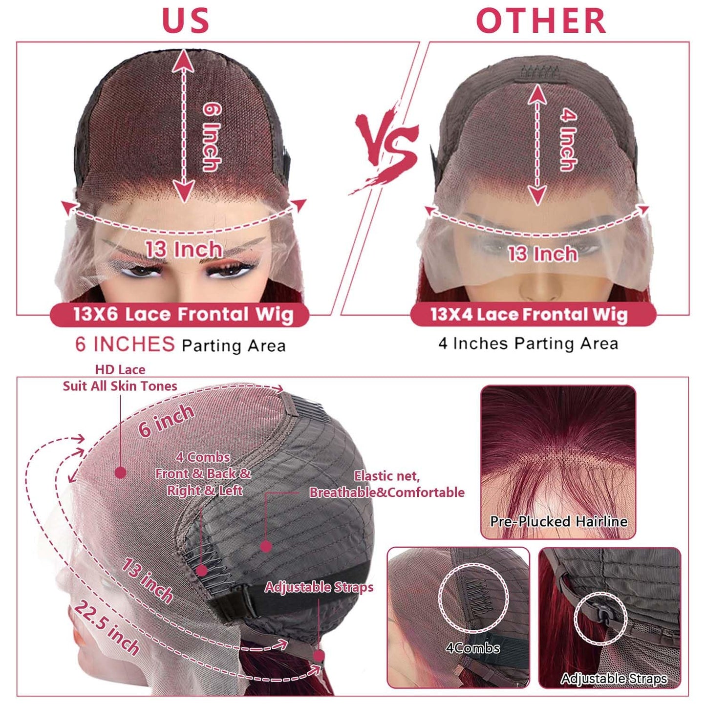 pidrez Burgundy Lace Front Wigs Human Hair With Baby Hair Pre Plucked 13x6 HD Transparent Lace Frontal Human Hair Wigs for Women Glueless 99j Wig Human Hair 180% Density Red Wig 20 Inch