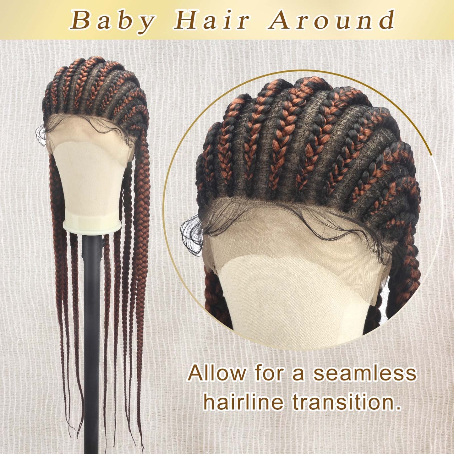 Alebery 36" Full Lace Braided Wigs for Black Women Jumbo Box Braids Lace Front Wig with Baby Hair Lightweight Synthetic Lace Frontal Black Cornrow Twisted Wigs (Brown Mixed Black)