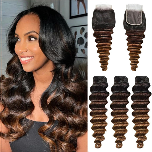 T1B/2/4 Loose Deep Wave Human Hair Bundles With Closure, 10A Chestnut Brown 3 Bundles with 4x4 HD Lace Closure (16/18/20+16Inch) Real Remy Hair Wavy Thick 3 Tone Weave With Dark Root
