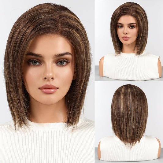 starluck Human Hair Wig Lace Front Wigs Real Human Hair Wigs For Women Wig Side Part 6"*5"*2" HD Lace Dark Brown with Blonde Highlights 12 Inch Realistic and Natural for Daily Party Use