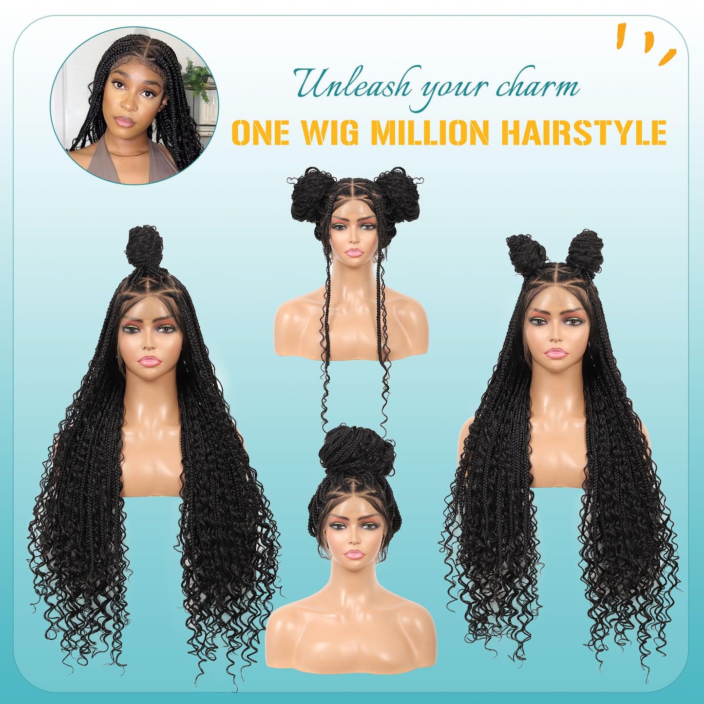 Kalyss HD Full Lace Triangle Knotless Boho Braided Wigs for Women 360 Lace Front Box Braided Wigs with Baby Hair Black Premium Synthetic Knotless Braid Wig 36"