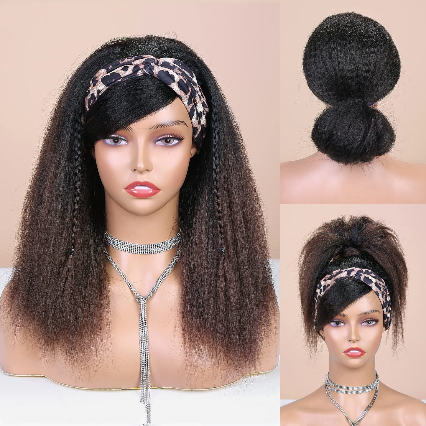 WIGNEE 18 Inches Kinky Straight Headband Wig for Women Yaki Straight Wigs with Black Headband Kinky Afro Wigs For Black Women (1B, 18 Inch)