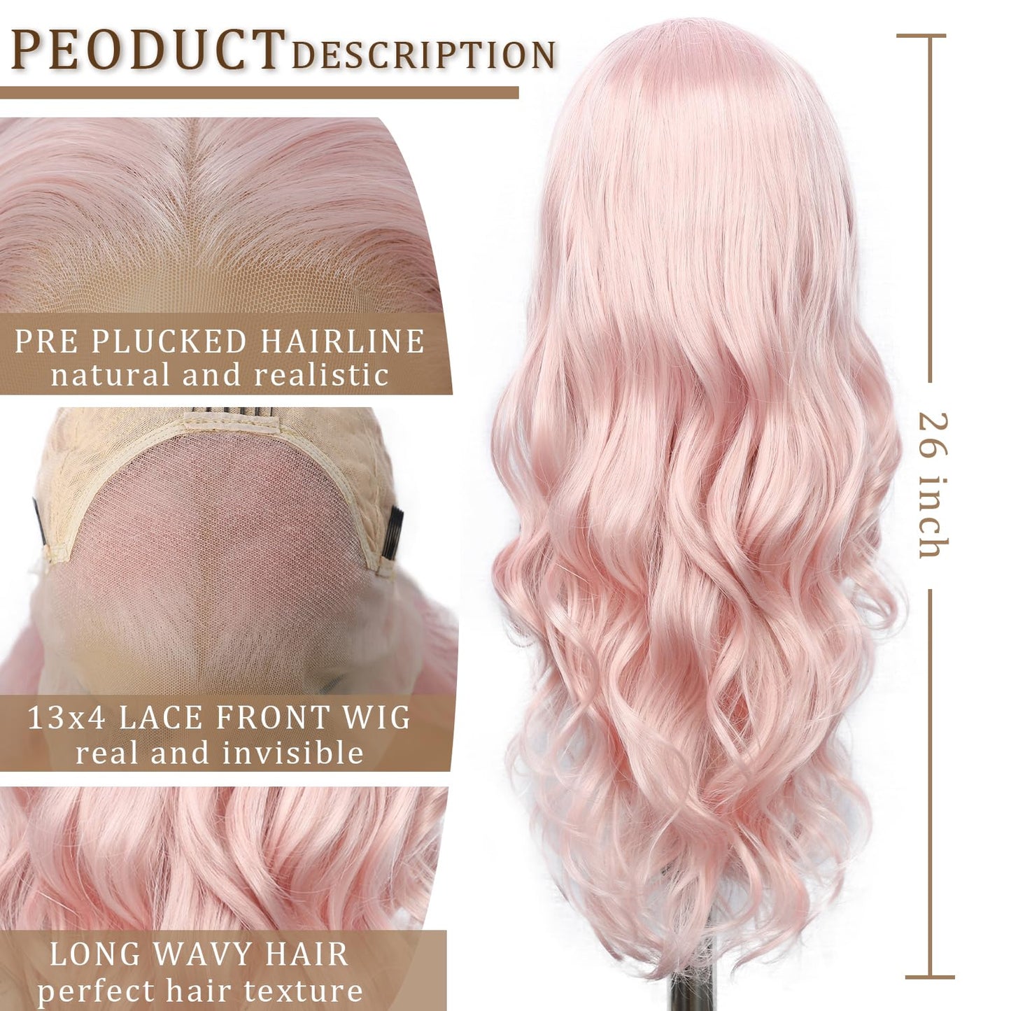 SAPPHIREWIGS 13×4 Pink Synthetic Lace Front Wig Glueless Light Pink Long Body Wave Wigs Heat Resistant Fiber Pre-Plucked Wigs for Women Daily Party Cosplay Wear 26inch
