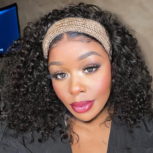 Aisaide Headband Wig Kinky Curly Black Headband Wigs for Black Women Natural Black None Lace Front Curly Wave Half Hair Wear and Go Glueless Wig
