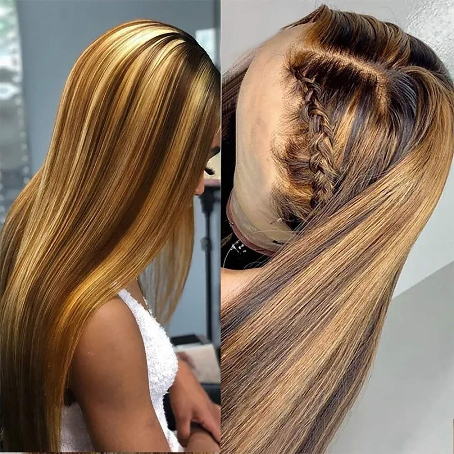 Design Hair Products Women Middle Highlights Wigs Long Part for Synthetic Brown Blonde Straight Mixed wig Osier Hair（A，16)