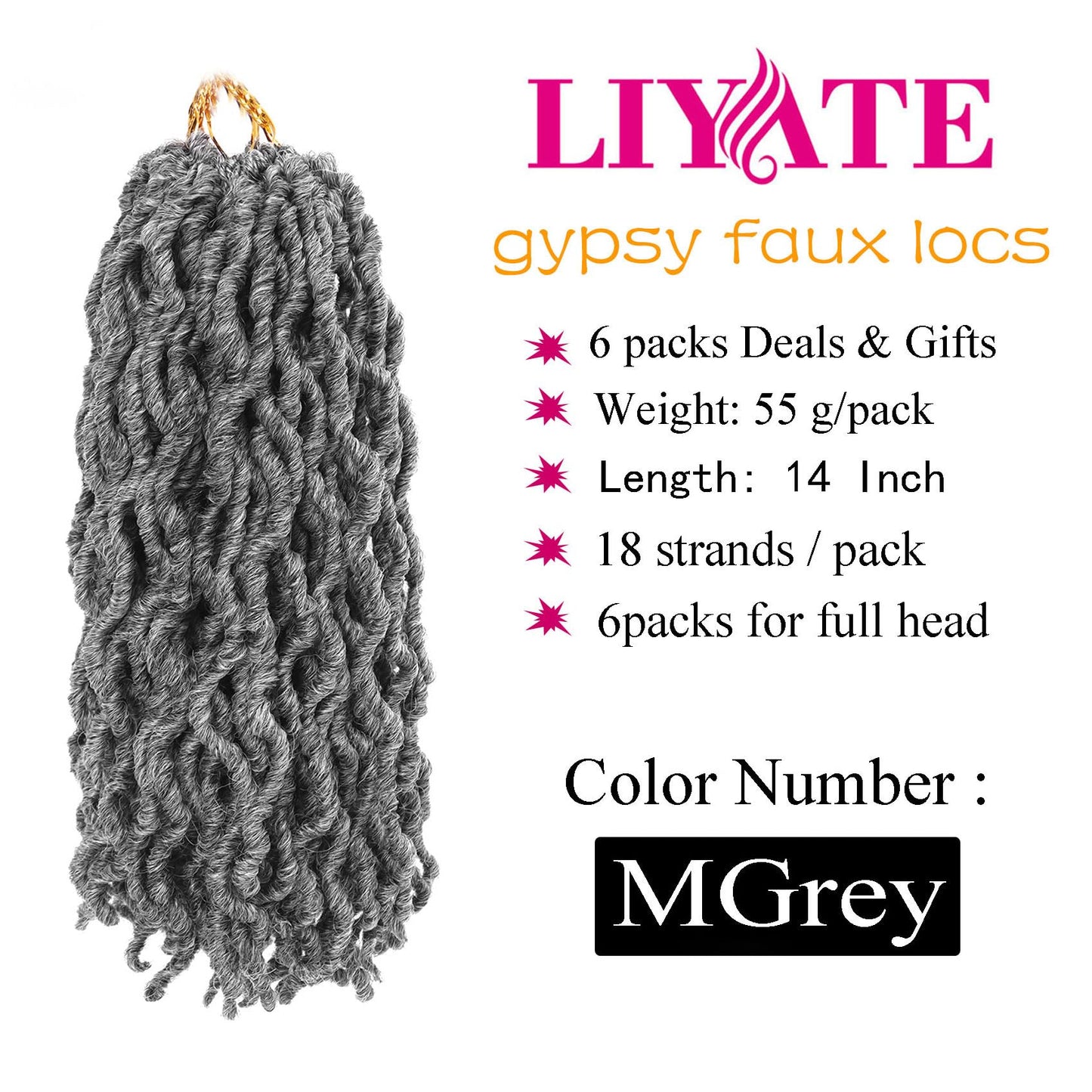 6 Packs Goddess Faux Locs Crochet Hair 14 Inch Grey Crochet Hair for Black Women, Pre looped Gypsy locs Crochet Braids Mix Silver Grey Soft Wavy Dreadlocks Hair Extensions,MGrey