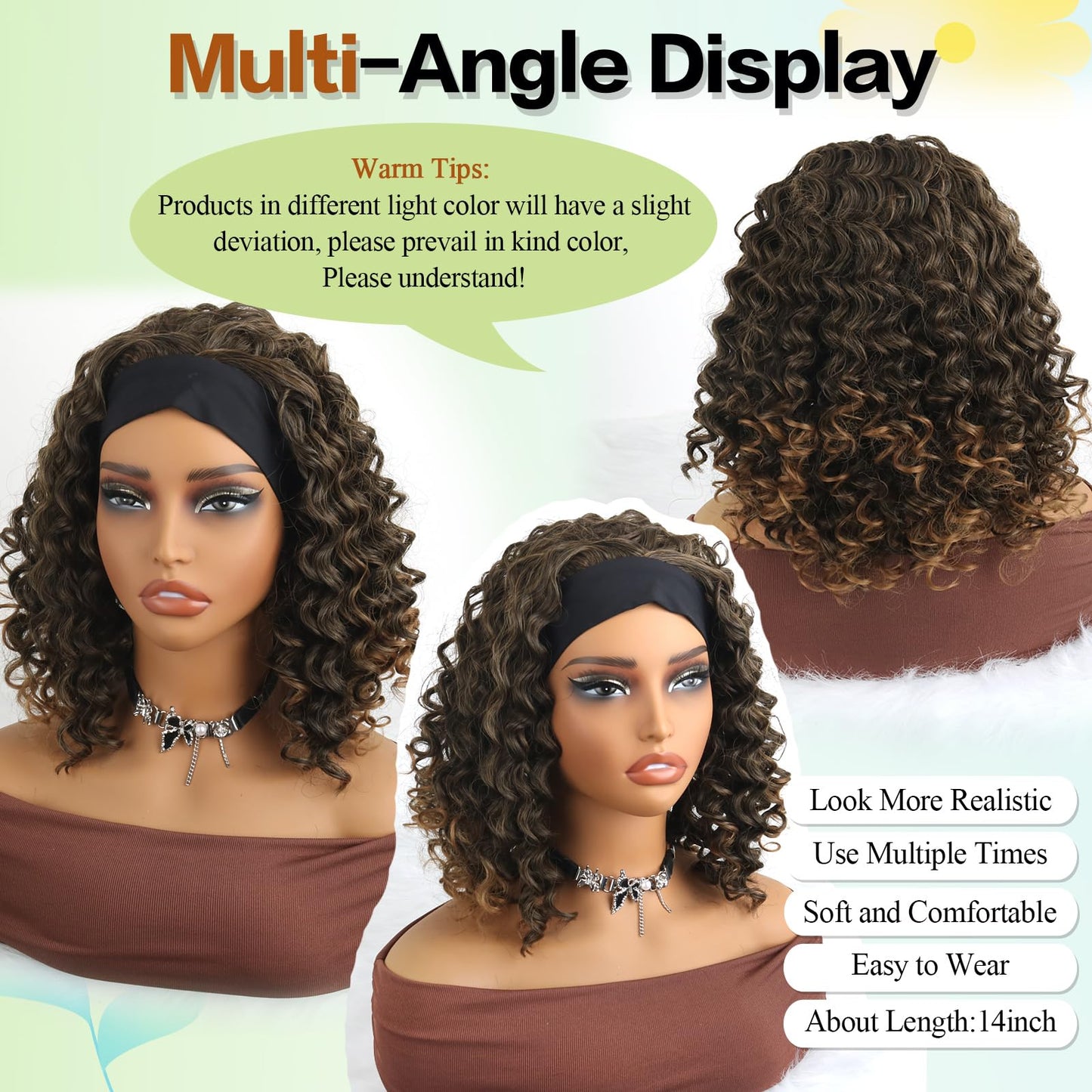 Aisaide Headband Wig 12 Inch Kinky Curly Headband Wigs for Black Women Glueless No Lace Front Wig Deep Curly Half Hair Wigs