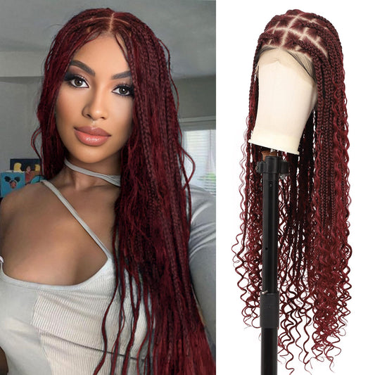 Olymei 360° HD Full Lace Knotless Braided Wigs for Black Women Boho Braided Wigs with Baby Hair Box Braid Wig Premium Synthetic Braid Lace Front Wig with Curly End Burgundy 36"