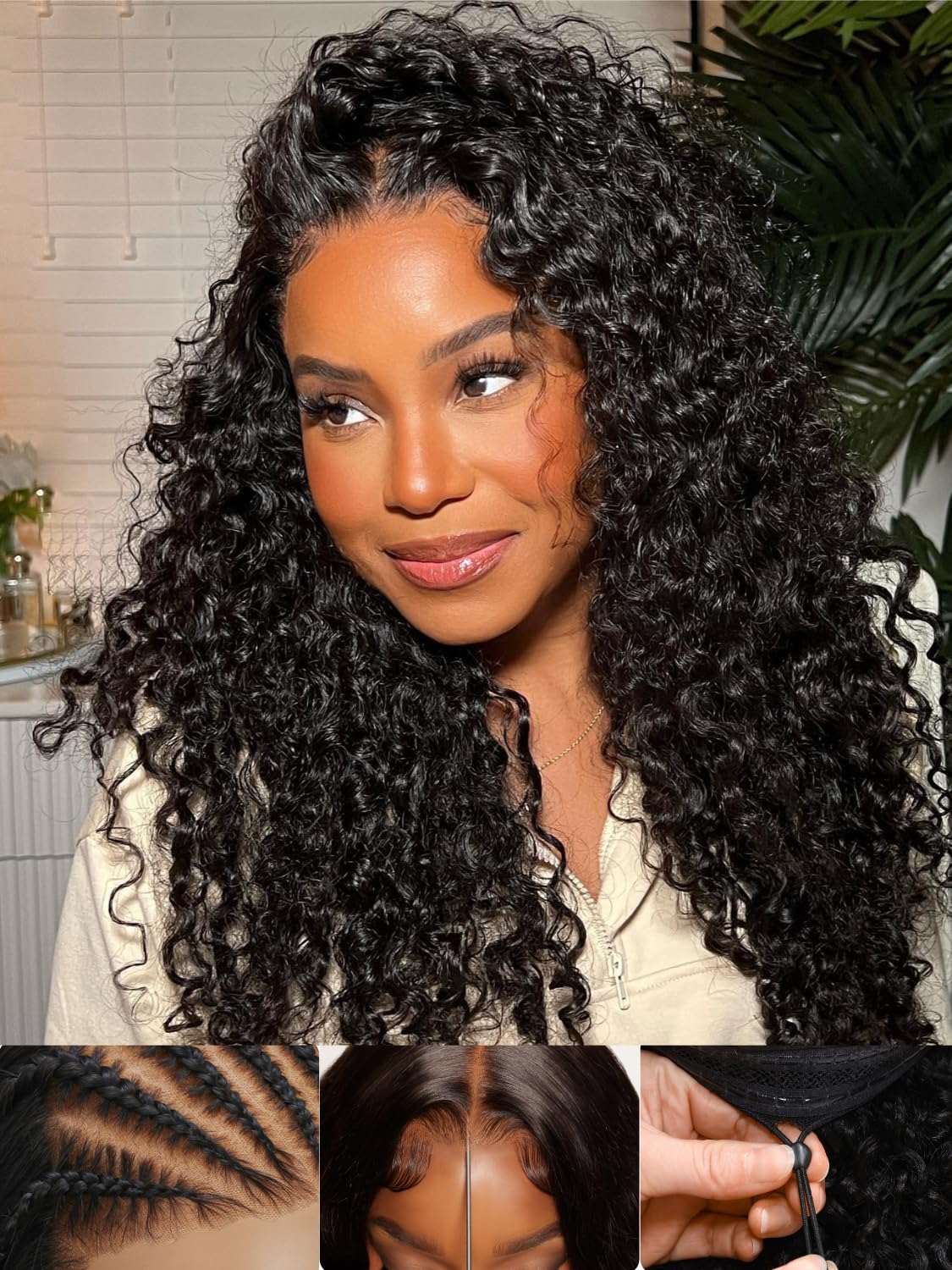 Sunber 4C Kinky Edges Water Wave Human Hair Wigs with Drawstring Bye Bye Knots Pre Cut 7x5 HD Lace Front Water Wave Glueless Wigs Put On and Go Pre Bleached Knots 180% Density 14Inch Beginner friendly