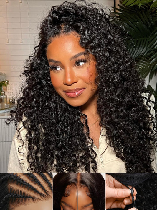 Sunber 4C Kinky Edges Water Wave Human Hair Wigs with Drawstring Bye Bye Knots Pre Cut 7x5 HD Lace Front Water Wave Glueless Wigs Put On and Go Pre Bleached Knots 180% Density 16Inch Beginner friendly