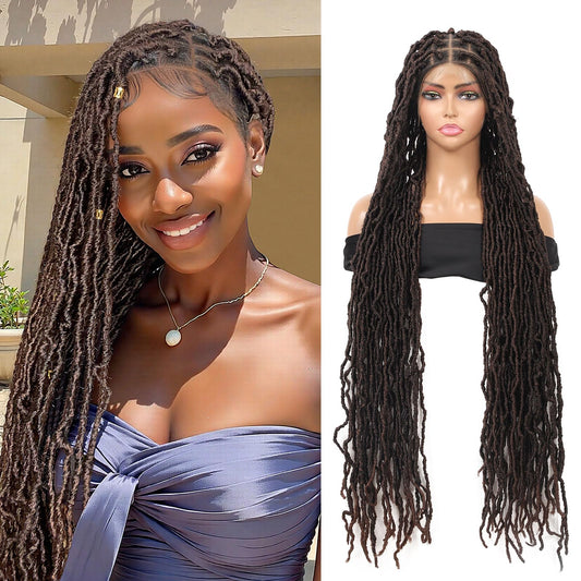Olymei Faux Locs Braided Wigs Square Knotless Braided Wigs for Women Premium Synthetic Lace Front Locs Braid Wig with Baby Hair Full Double Lace Front Braided Wigs 40" Brown