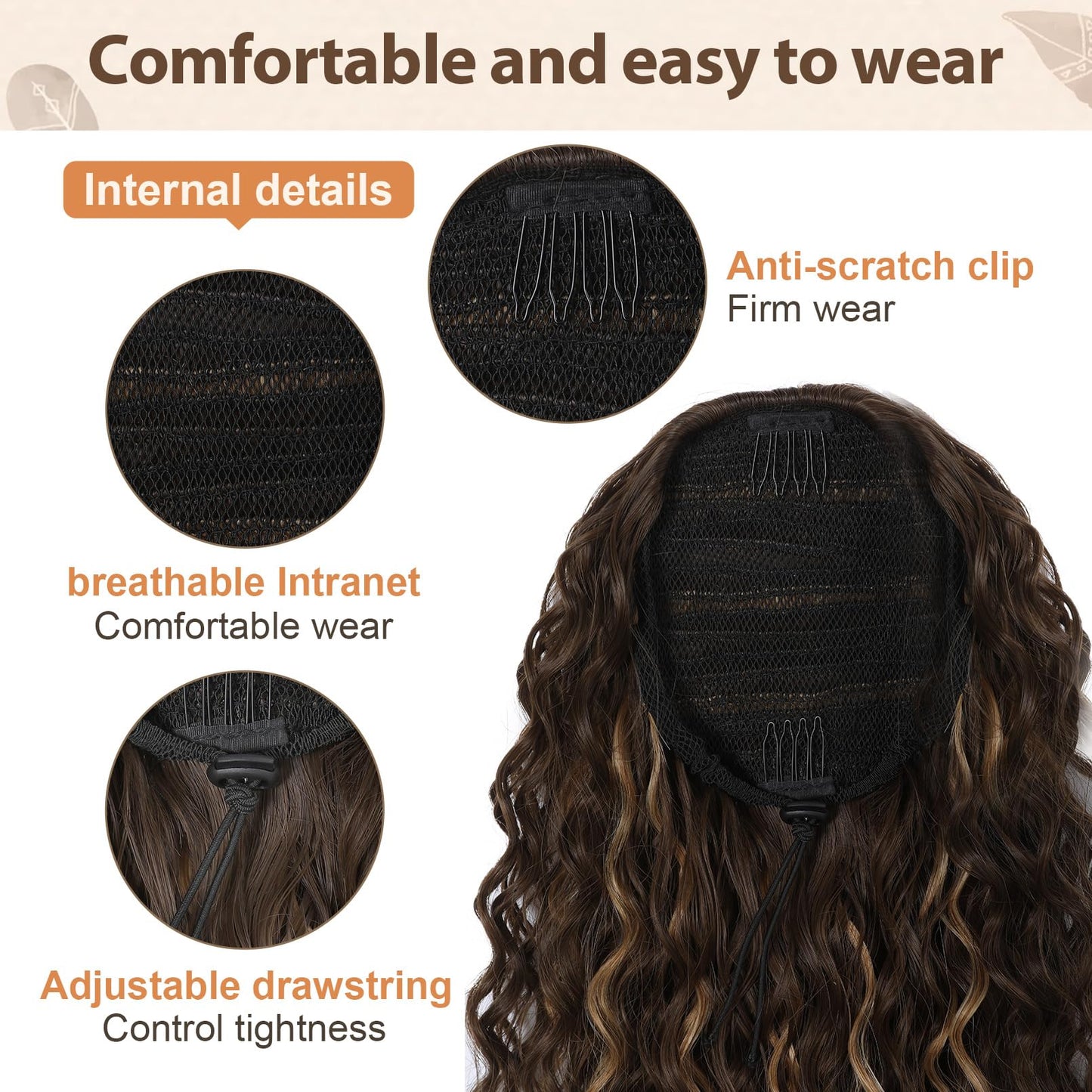 Flufymooz Ponytail Extension, 26 Inch Bohemian Style Drawstring Ponytail Hair Extensions for Women, Long Curly Wavy Ponytail Natural Synthetic Hairpiece for Women (26 Inch Black Brown)