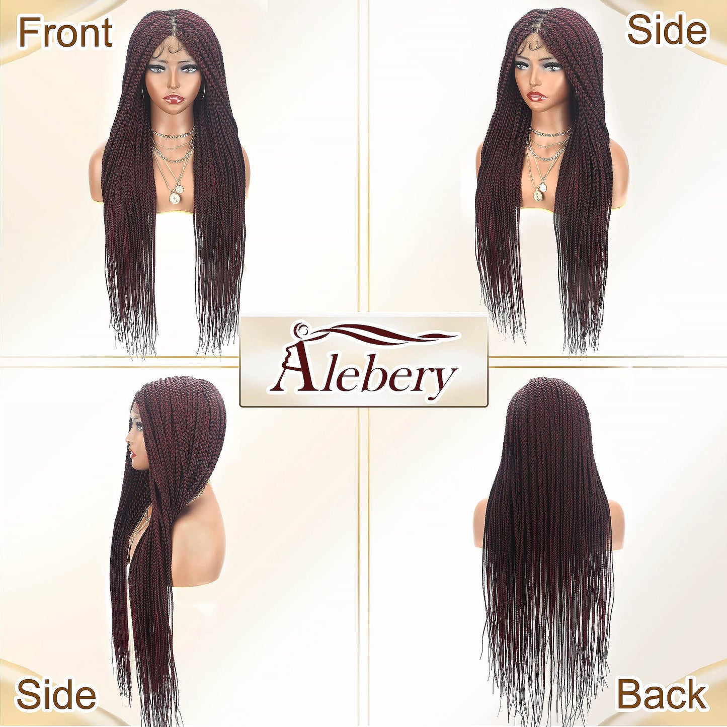Alebery 36" Full Lace Knotless Box Braided Wigs for Black Women Knotless Box Braids Lace Front Wig with Baby Hair Lightweight Synthetic Lace Frontal Burgundy Cornrow Twisted Braided Wigs (1B/BG)