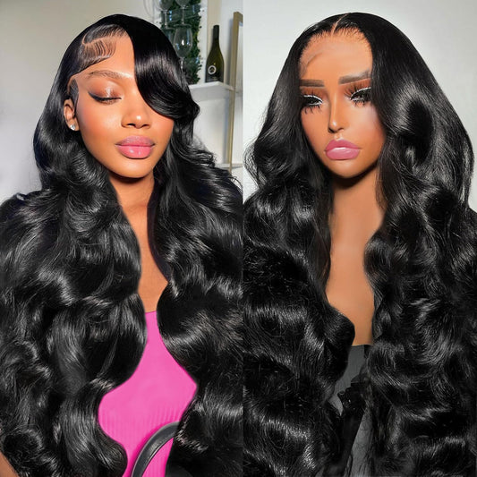 13x6 Lace Front Wigs Human Hair Pre Plucked 200% Density Body Wave HD Lace Front Wigs Human Hair Transparent Frontal Glueless Wigs Virgin Human Hair with Baby Hair for Women Natural Black 24 Inch