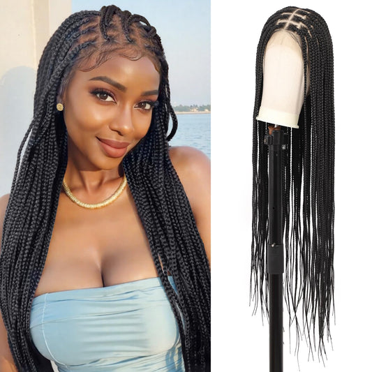 Olymei 360° Hd Full Lace Knotless Braided Wigs for Women Box Braid Wig with Baby Hair Premium Synthetic Long Black Braided Lace Front Wigs 36"