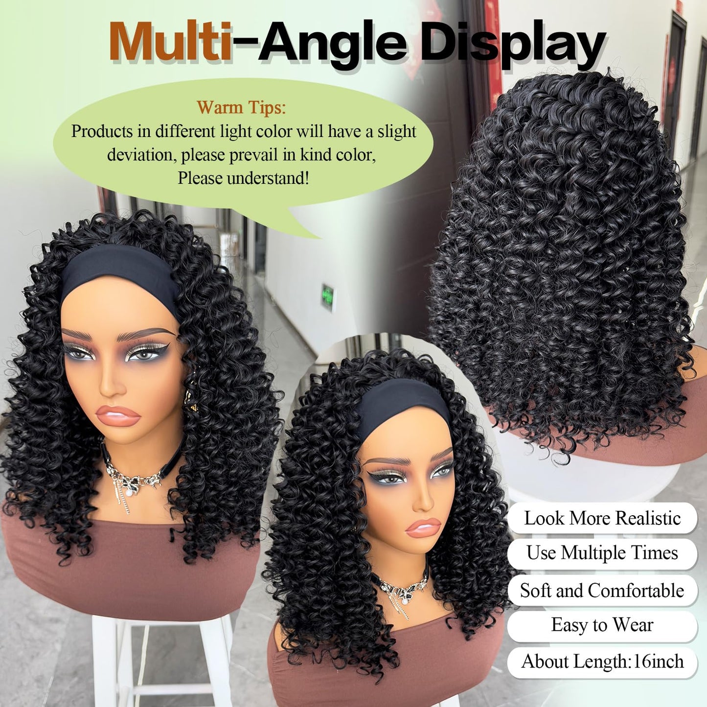 Aisaide Kinky Curly Headband Wig 16 Inch Headband Wigs for Black Women None Lace Front Curly Wave Half Hair Wig Wear and Go Glueless Wig Natural Color