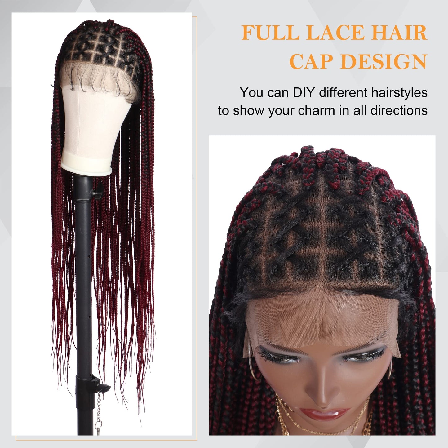 Alebery 36" Full Lace Criss Cross Knotless Box Braided Wigs for Black Women Knotless Box Braids Lace Front Wig with Baby Hair Lightweight Synthetic Burgundy Cornrow Braided Wigs (1B/BG)