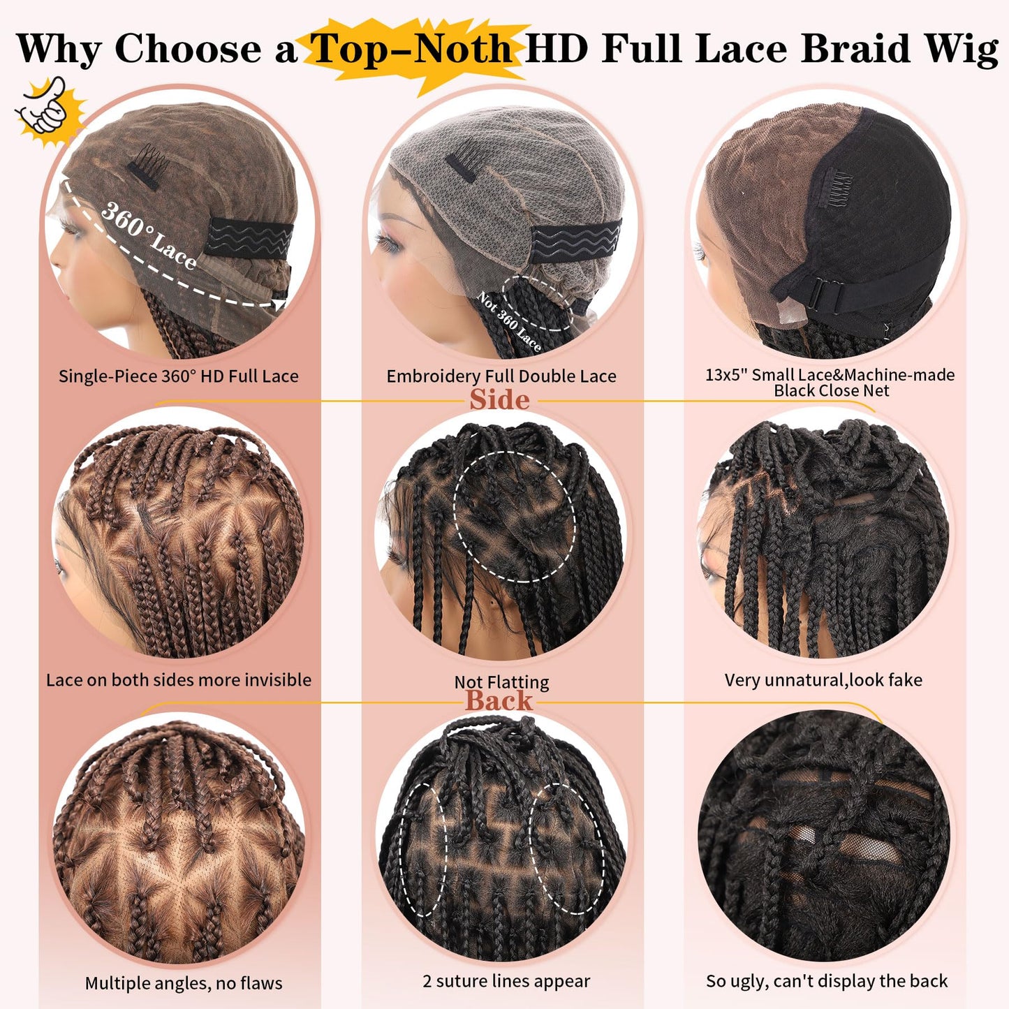 Lexqui 36" 360° HD Full Lace Braided Wigs for Women Triangle Knotless Braided Wigs Box Braid Wig with Baby Hair Natural Handmade Synthetic Hair Braided Lace Front Wig Ombre Brown