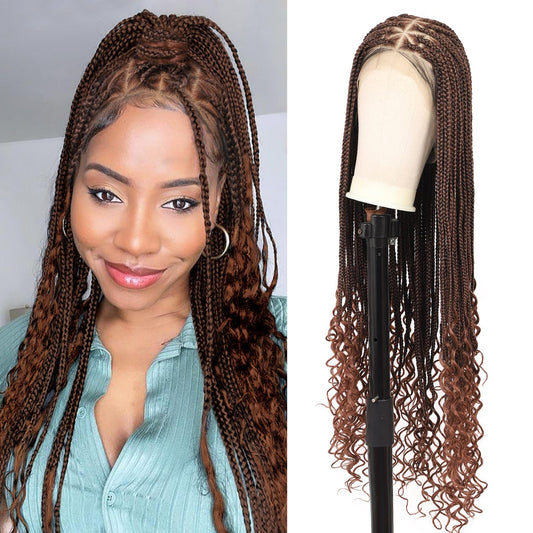 Olymei 360° Hd Full Lace Braided Wigs for Women Triangle Knotless Braided Wigs with Curly End with Baby Hair Box Braid Wig Premium Synthetic Braid Lace Front Wig Brown 36"