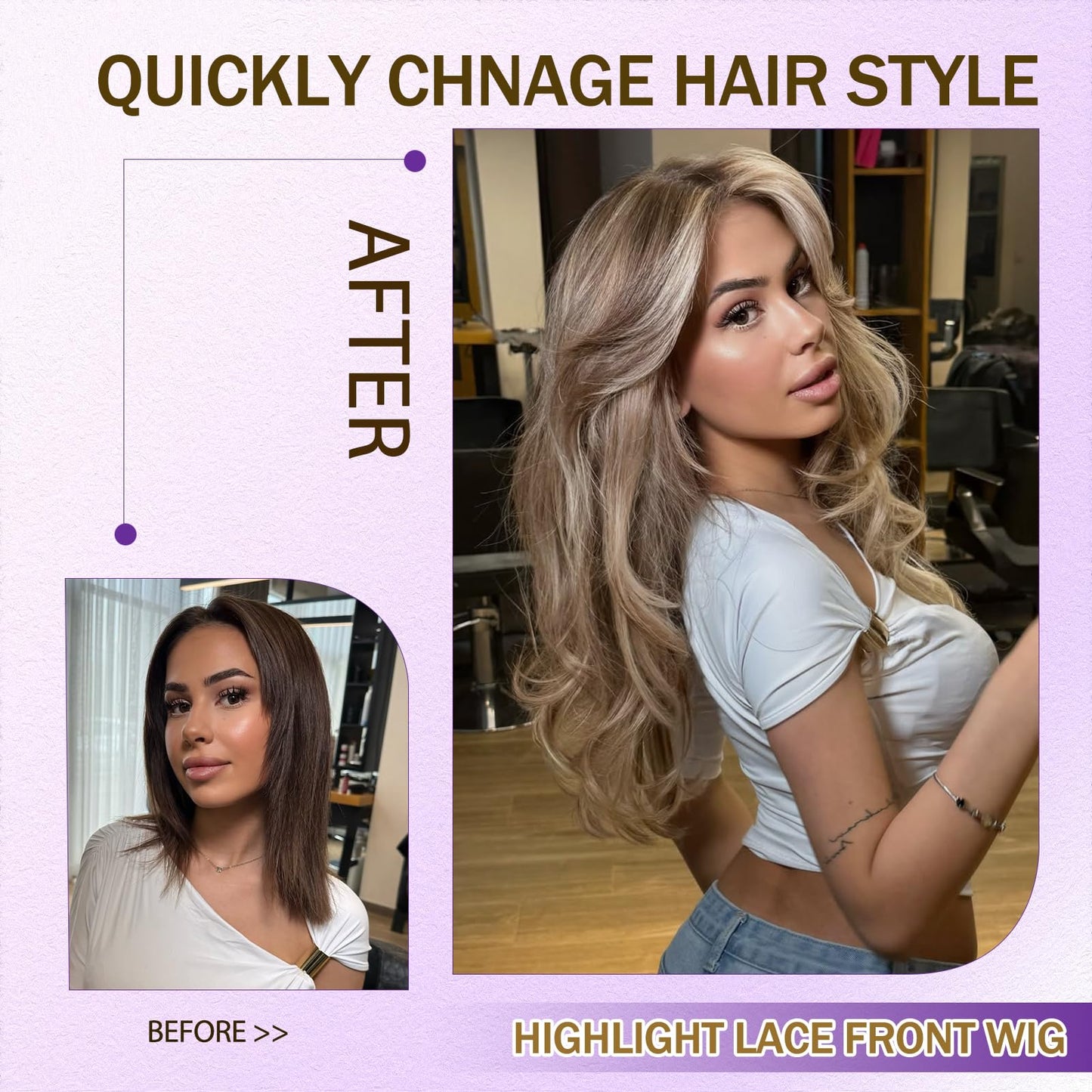 13x6 Ombre Lace Front Wigs Human Hair for Women Light Brown to Brown with Ash Blonde Highlights HD Straight Lace Closure Wig Glueless Remy Brazilian Virgin Hair 18 Inch Pre Plucked Bleached Knots