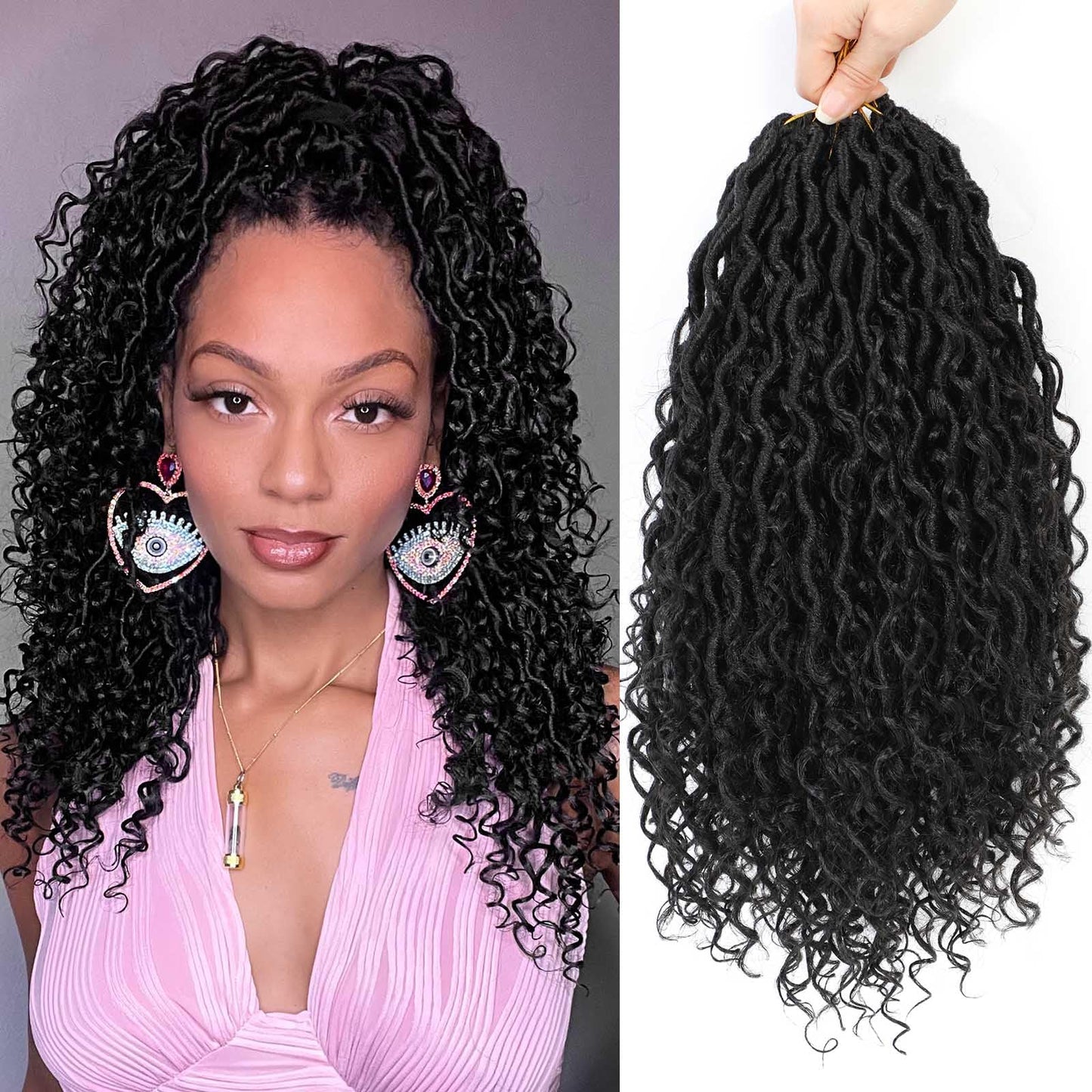 Col Bling Goddess Locs Crochet Hair 16 Inch 8 Packs Faux Locs Crochet Hair for Women Pre Looped Crochet Boho Goddess Faux Locs Crotchet Hair with Curly Ends #1B