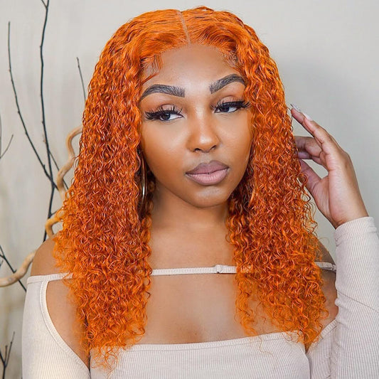 Hihmarm Ginger Bob Wig Human Hair 13x6 HD Deep Wave Lace Front Wigs Human Hair Pre Plucked Wet And Wave Glueless Wig 180 Density Orange Curly Lace Frontal Wigs For Black Women 16 Inch