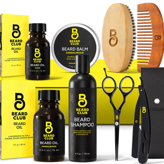 The Beard Club Beard Kit for Men - Beard Grooming & Beard Care Kit - Cedar & Sandalwood Beard Oil, Beard Balm, Beard Shampoo, Beard Brush, Comb, Beard Trimming Scissors, Straight Edge Razor - Gift Set