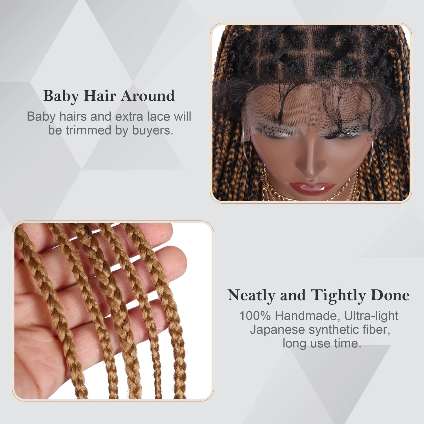 Alebery 36" Full Lace Criss Cross Knotless Box Braided Wigs for Black Women Knotless Box Braids Lace Front Wig with Baby Hair Lightweight Synthetic Light Brown Cornrow Braided Wigs (1B/27)