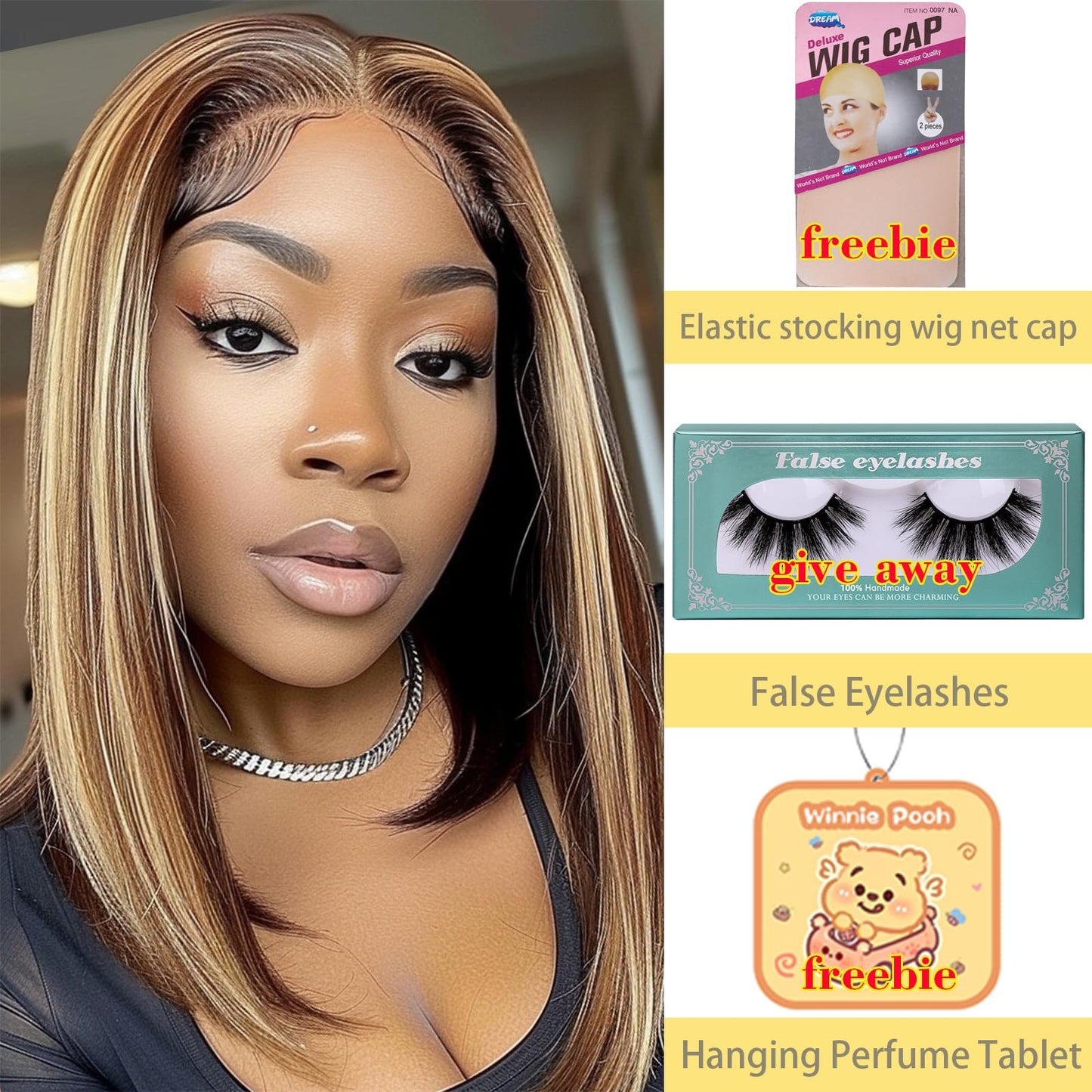 Honey Blonde Lace Front Wig Human Hair HD Genuine Lace Wig Highlight Gradient Ombre Color Real Straight Hair Fits Women's Colored Honey Gold Wigs Stretchy Glueless Bob Wig 4/27 180% Density 14 Inch