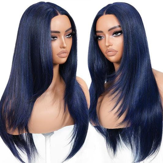 BrownBomb Dark Blue Wear and Go Glueless Wigs Pre Plucked Pre Cut for Beginners Synthetic Lace Front Wig for Woman Long layered Straight Wigs with Bangs 26 Inch 3 Seconds to Wear for Beginners
