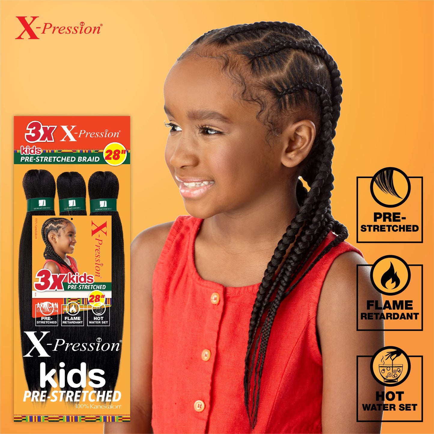 Sensationnel X-Pression Prestretched Braiding Hair - 3X Kids Braid 28 inch All Kanekalon Flame Retardant Synthetic Braid for Box Braids and Twists (1 pack, 1 JETBLACK)