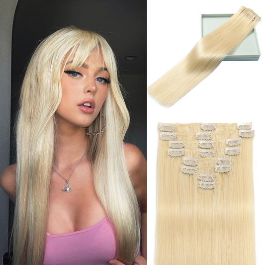 LORIEN Clip in Hair Extensions Real Human Hair, 20 Inch 105g, #60 Platinum Blonde, Clip in 100% Brazilian Remy Human Hair Extensions 8pcs Per Set with 18 Clips Double Weft