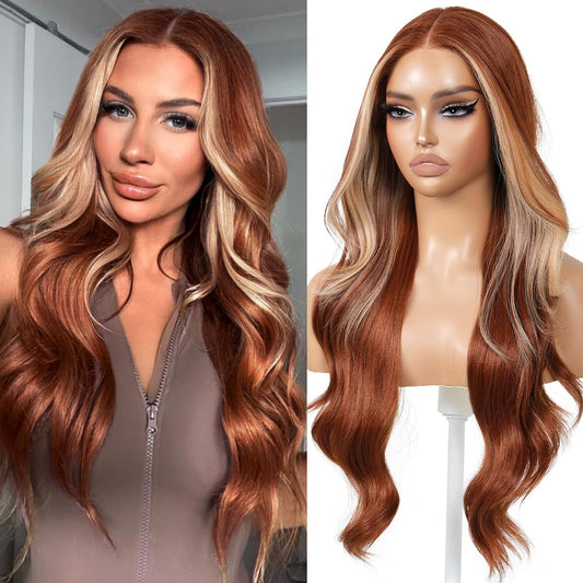 ENCOUNTERU Ginger Wear and Go Glueless Wig with Bangs Skunk Stripe Synthetic Lace Front Wigs for Women Body Wave Pre Plucked Pre Cut HD Lace Glueless Ready to Wear Middle Part 26 Inch