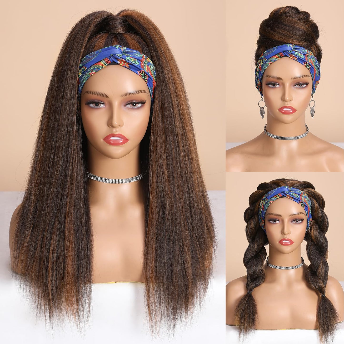 WIGNEE Brown Highlights Kinky Straight Headband Wig for Women 22 Inches Yaki Straight Wigs with Black Headband Kinky Straight Wigs for Black Women (2A/30# Highlights, 22 Inch)