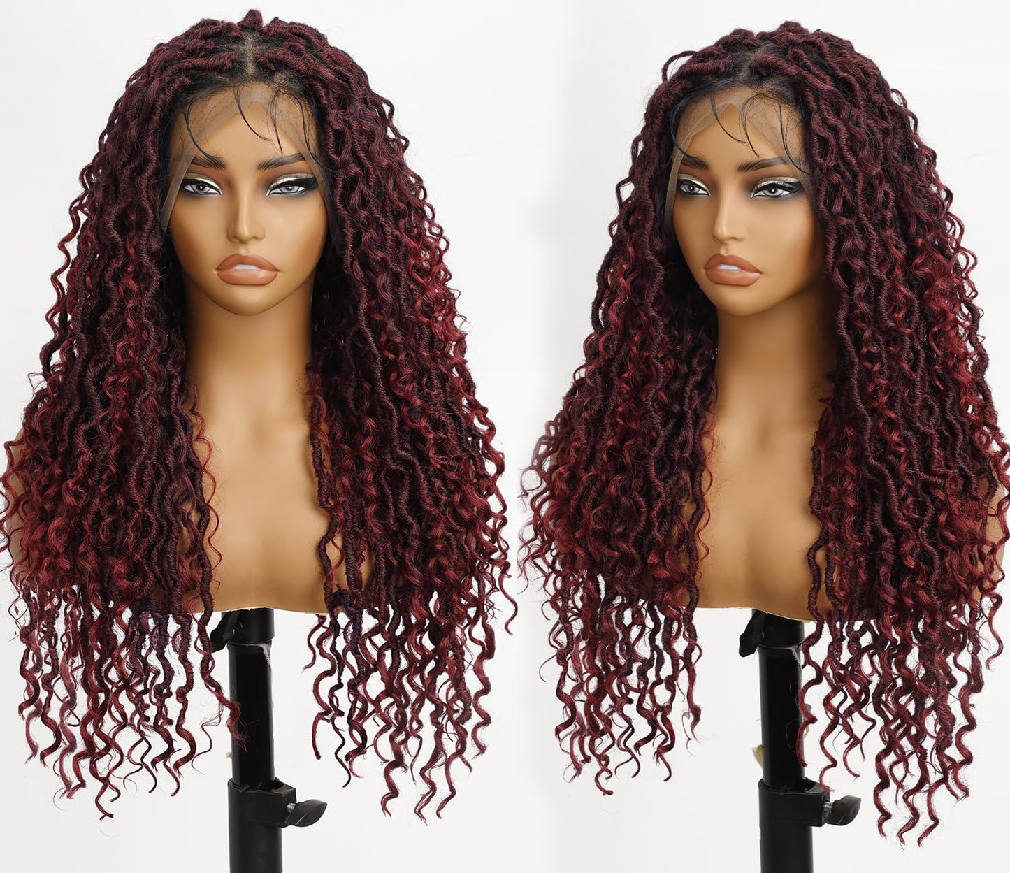 AISI HAIR Full Lace Faux Locs Braided Wigs for Black Women, Faux Locs Burgundy Red Wig Crochet Hair Braid Wig with Baby Hair Hippie Locs Twist Synthetic Wig with Curly Ends 26”
