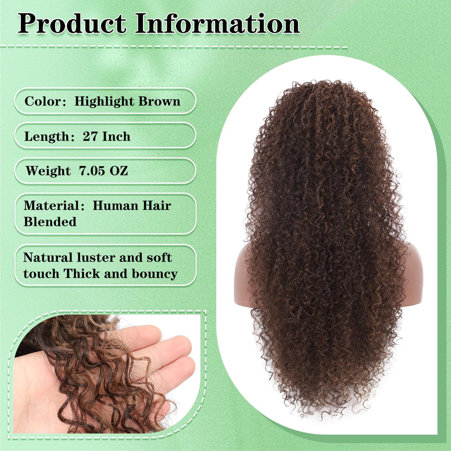 Youthfee Drawstring Ponytail for Women Deep Curly Ponytail Extension Synthetic Mixed with Human Hair Ponytails Dark Brown Afro Kinky Curly Pony for Daily wear,27 Inches
