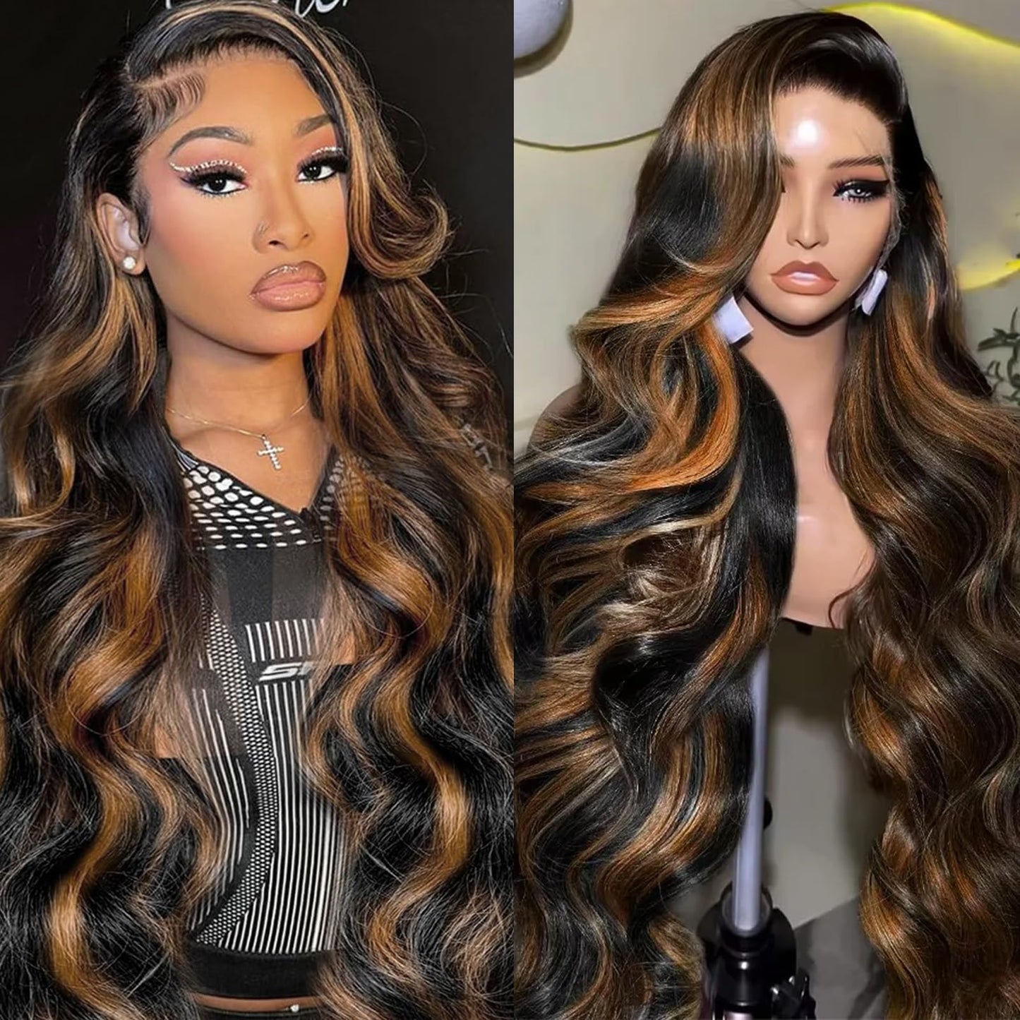 Highlight Ombre Lace Front Wig Human Hair Body Wave Lace Front Wigs Human Hair Pre Plucked 13x4 1B/30 Brown Highlight Wig Human Hair 200 Density Colored 26 Inch Balayage Glueless Wigs for Women