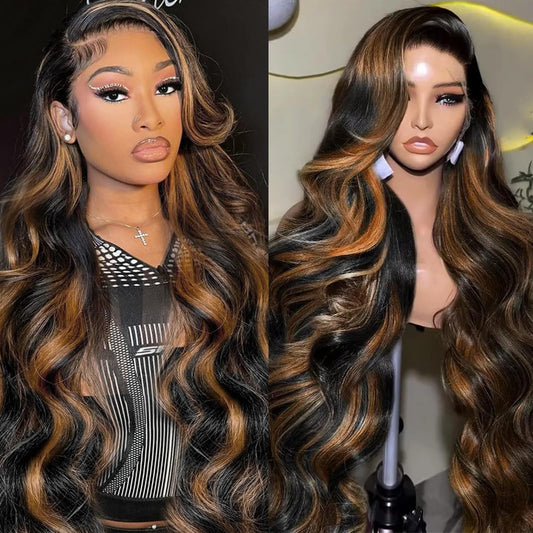 Highlight Ombre Lace Front Wig Human Hair Body Wave Lace Front Wigs Human Hair Pre Plucked 13x4 1B/30 Brown Highlight Wig Human Hair 200 Density Colored 26 Inch Balayage Glueless Wigs for Women