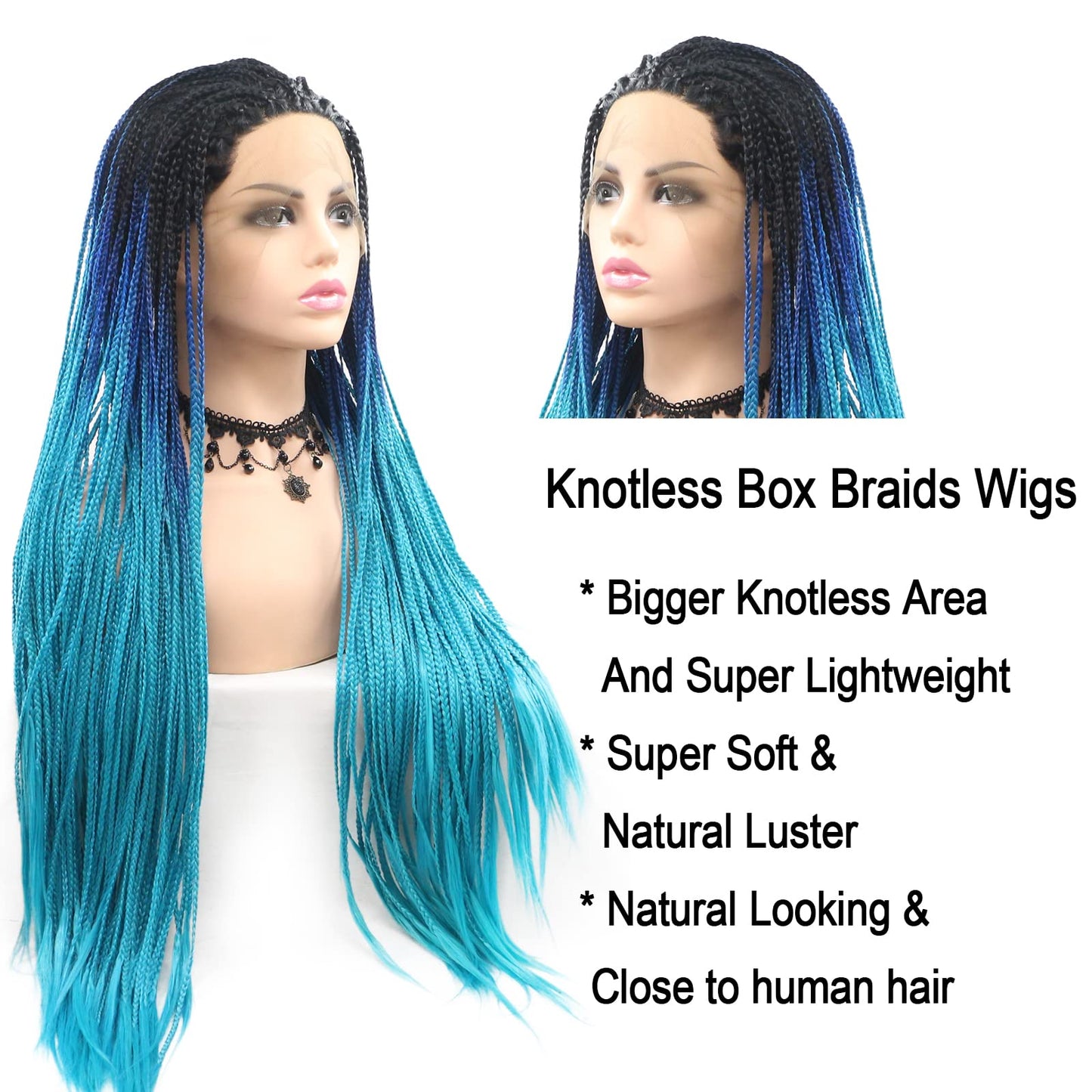 Blue Box Braided Wig for Women Long Ombre Black Sky Blue Knotless Cornrow Braids Lace Frontal Wig Hand Synthetic Lightweight Twist Braid Wigs Glueless Braiding Hair Heat Resistant Cosplay 26 Inch